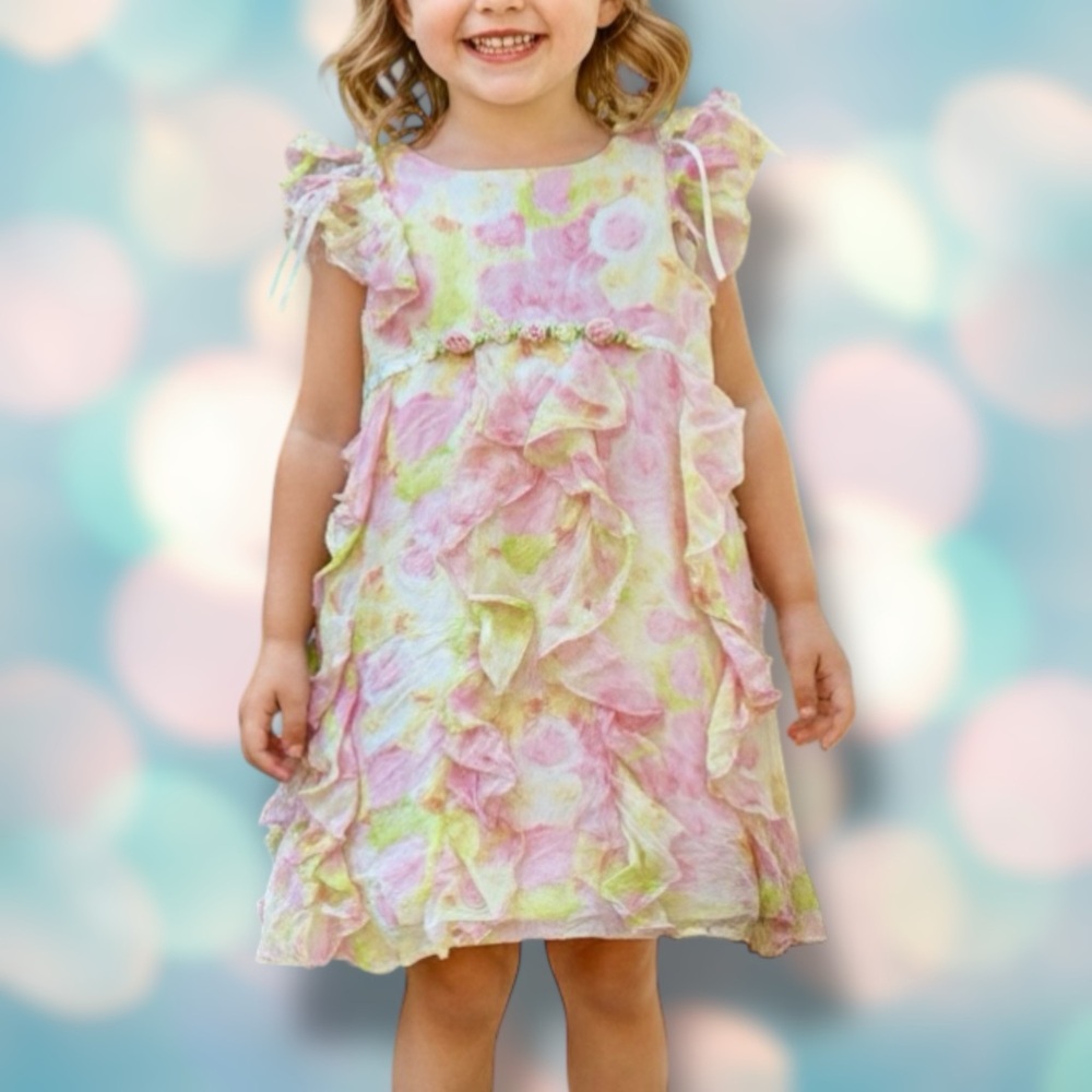 Biscotti Girl’s Pink Green Floral Ruffle Silk Spring Formal Dress Size 6X